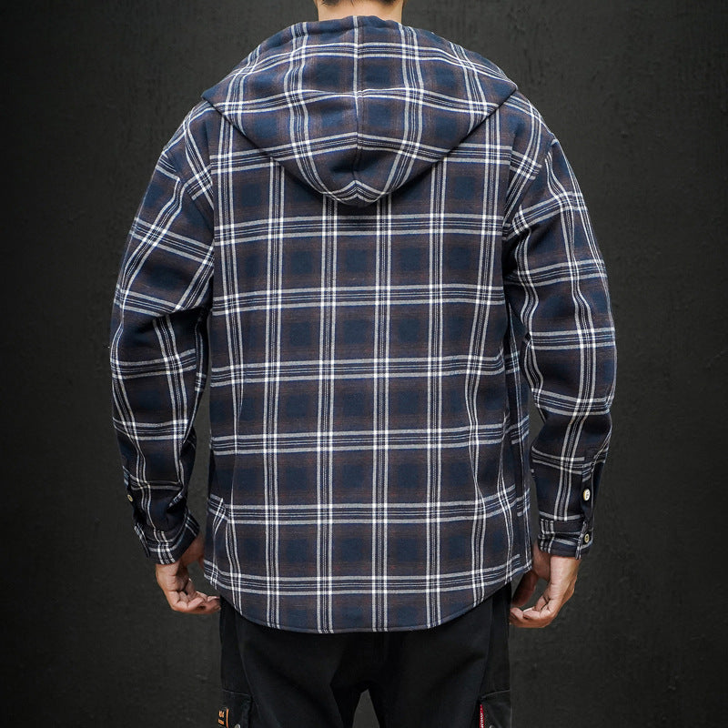 Plus Velvet Black Plaid Hoodie Shirt