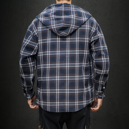 Plus Velvet Black Plaid Hoodie Shirt