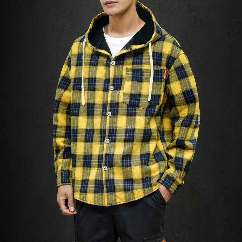 Plus Velvet Black Plaid Hoodie Shirt
